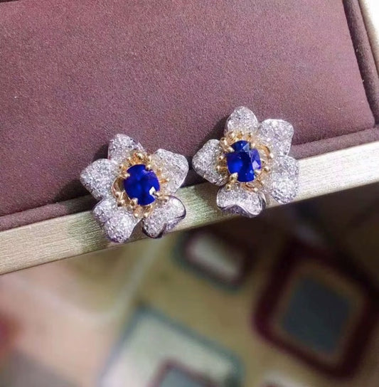 0.8ct Blue Sapphire & Diamond Flower Cluster Stud Earrings 18K Gold