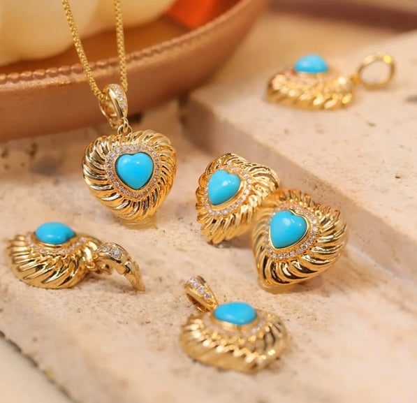 Natural Turquoise & Diamond Heart Pendant and Earring Jewelry Set 18k Gold, Turquoise Heart, Turquoise Heart Necklace, Turquoise Heart Pendant, Turquoise Heart Earrings, Turquoise Heart Jewelry, Natural Turquoise, Natural Turquoise Jewelry, Natural Turquoise Diamond Pendant Necklace 18k White Gold, Natural Turquoise Pendant Necklace, Turquoise Pendant, Turquoise Necklace with Diamond, Turquoise and Diamond Necklace, Turquoise & Diamond Necklace, White Gold Turquoise Necklace, Yellow Gold Turquoise Necklace