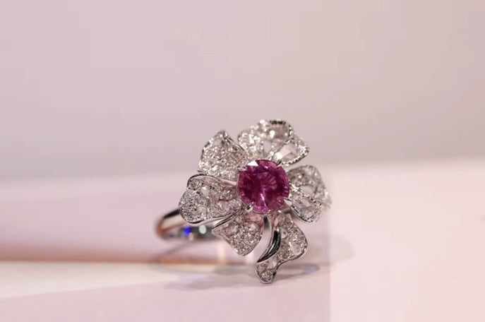 1.10Ct Natural Pinkish Sapphire & Diamond Flower Ring 18K White Gold, Pink Gemstone Flower Ring, Pink Sapphire Ring, Padparadscha Sapphire, Padparadscha Sapphire Wedding Ring, Padparadscha Sapphire Engagement Ring, Padparadscha Sapphire & Diamond Ring, Padparadscha Sapphire and Diamond Wedding Ring, Natural Padparadscha Sapphire Ring, Padparadscha Sapphire Jewelry, 18k Gold Padparadscha Sapphire Ring, Women's Pink Padparadscha Sapphire Ring, White Gold Padparadscha Sapphire Ring