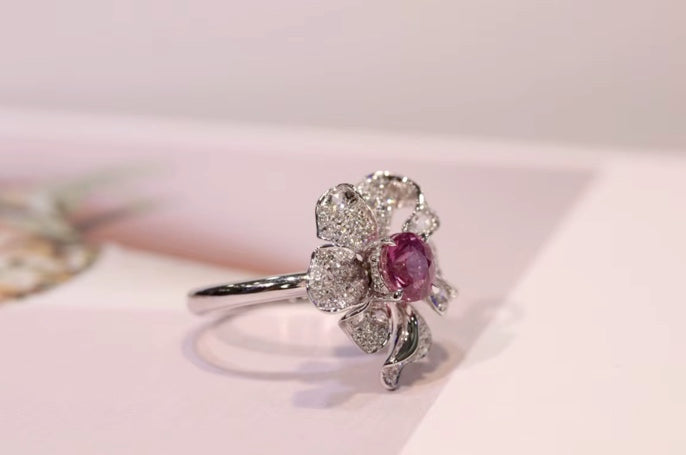 1.10Ct Natural Pinkish Sapphire & Diamond Flower Ring 18K White Gold, Pink Gemstone Flower Ring, Pink Sapphire Ring, Padparadscha Sapphire, Padparadscha Sapphire Wedding Ring, Padparadscha Sapphire Engagement Ring, Padparadscha Sapphire & Diamond Ring, Padparadscha Sapphire and Diamond Wedding Ring, Natural Padparadscha Sapphire Ring, Padparadscha Sapphire Jewelry, 18k Gold Padparadscha Sapphire Ring, Women's Pink Padparadscha Sapphire Ring, White Gold Padparadscha Sapphire Ring