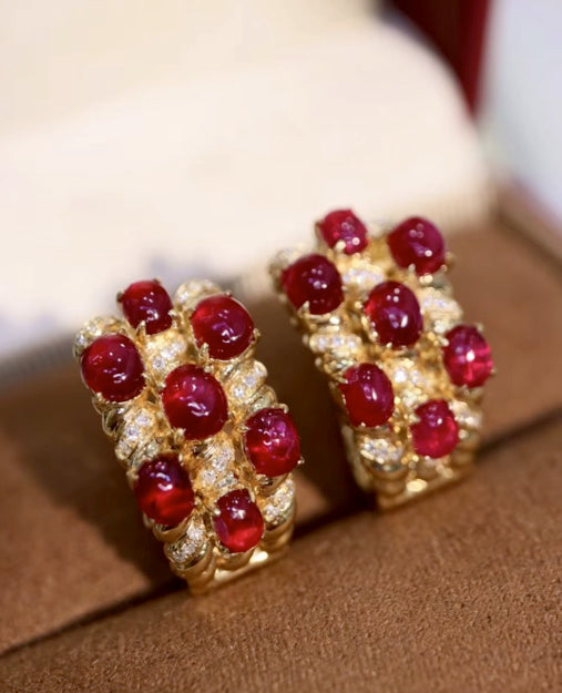 4.60Ct Natural Ruby & Diamond Clip Earrings Solid 18k Yellow Gold