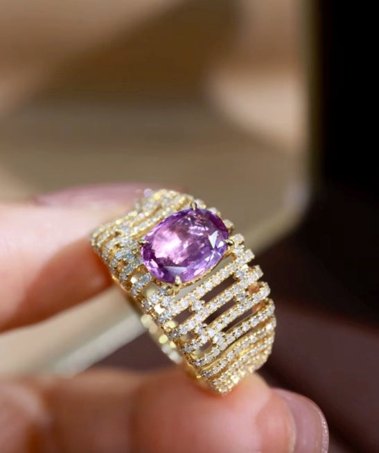 1.55Ct Natural Purple Sapphire Band Ring with Diamond 18k Yellow Gold