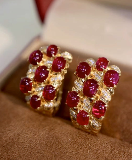 4.60Ct Natural Ruby & Diamond Clip Earrings Solid 18k Yellow Gold