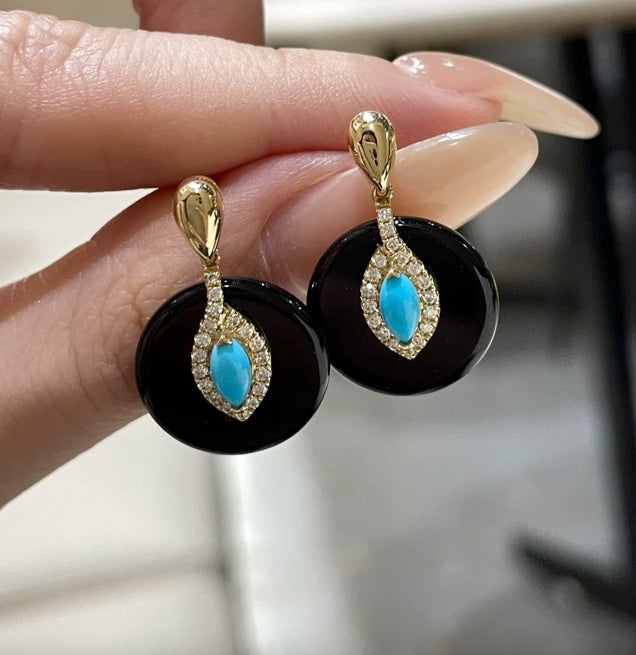 Turquoise and Enamel Earrings, Black Enamel Turquoise Earrings with Diamond, 18k Yellow Gold Turquoise Earrings, Natural Turquoise Diamond Earrings, High Quality Turquoise Earrings, Turquoise & Diamond Earrings 18k Gold, 18k Yellow Gold Turquoise Jewelry, Turquoise Earrings 18k Gold, Turquoise Stud Earrings Yellow Gold, 18k Gold Turquoise Earrings, Yellow Gold Turquoise Earrings, White Gold Turquoise Earrings, Natural Turquoise, Real Turquoise Jewelry for Women, Genuine Turquoise