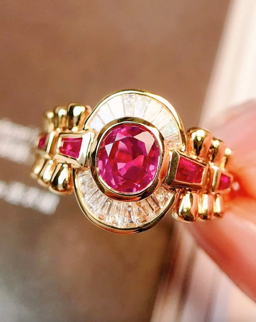 0.85Ct Natural Pink Sapphire & Diamond Ring 18K Yellow Gold