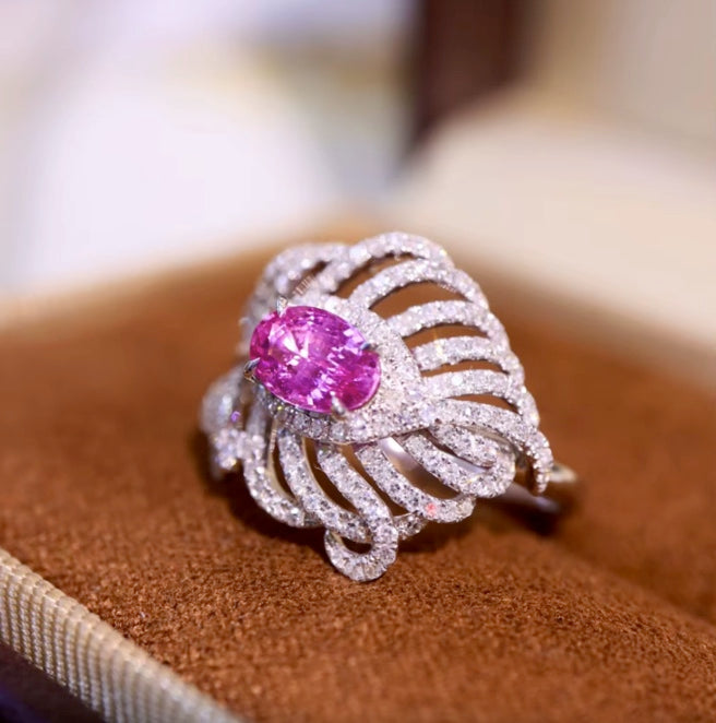 0.77Ct Pink Padparadscha Sapphire & Diamond Feather Ring 18K White Gold, Pink Sapphire Ring, Padparadscha Sapphire, Padparadscha Sapphire Wedding Ring, Padparadscha Sapphire Engagement Ring, Padparadscha Sapphire & Diamond Ring, Padparadscha Sapphire and Diamond Wedding Ring, Natural Padparadscha Sapphire Ring, Padparadscha Sapphire Jewelry, 18k Gold Padparadscha Sapphire Ring, Women's Pink Padparadscha Sapphire Ring, White Gold Padparadscha Sapphire Ring