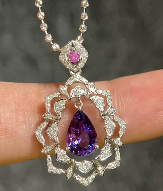 1.65Ct Pear Cut Purple Sapphire & Diamond Pendant Necklace 18k White Gold, Pear Cut, Purple Sapphire, Sapphire, Purple Sapphire Necklace, Purple Sapphire Pendant Necklace, Natural Sapphire, Natural Purple Sapphire, Natural Sapphire Pendant, Natural Sapphire Necklace, 18k White Gold, 18k Gold, Gold Sapphire Pendant, Pink Sapphire, Pink Sapphire Pendant, Genuine Sapphire, Sapphire Necklace, Natural Diamond, Diamond Gemstone Pendant, Gemstone Diamond Pendant, Sapphire Jewelry, Natural Sapphire Jewelry, Purple