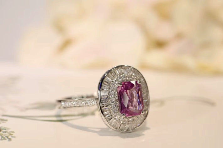 1.10Ct Pink Sapphire & Diamond Engagement Ring 18K White Gold