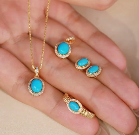 Natural Turquoise & Diamond Jewelry Set 18k Yellow Gold, Turquoise Jewelry, Natural Turquoise, Turquoise Stud Earrings, Turquoise Earrings, Turquoise Necklace, Turquoise Pendant, Turquoise Ring, 18k Gold, 18k Yellow Gold, Yellow GOld Turquoise Ring, Yellow Gold Turquoise Earrings, Yellow Gold Turquoise Pendant, Yellow Gold Turquoise Necklace, Natural Turquoise Necklace, Natural Turquoise Pendant, Solid Gold Turquoise Pendant Necklace, Women’s Natural Turquoise Jewelry, Genuine Turquoise Pendant