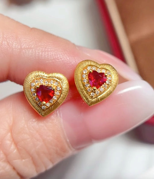 0.5CT Natural Ruby & Diamond Heart Earrings Solid 18k Yellow Gold