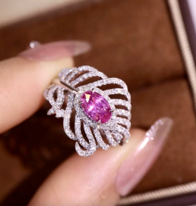 0.77Ct Pink Padparadscha Sapphire & Diamond Feather Ring 18K White Gold, Pink Sapphire Ring, Padparadscha Sapphire, Padparadscha Sapphire Wedding Ring, Padparadscha Sapphire Engagement Ring, Padparadscha Sapphire & Diamond Ring, Padparadscha Sapphire and Diamond Wedding Ring, Natural Padparadscha Sapphire Ring, Padparadscha Sapphire Jewelry, 18k Gold Padparadscha Sapphire Ring, Women's Pink Padparadscha Sapphire Ring, White Gold Padparadscha Sapphire Ring