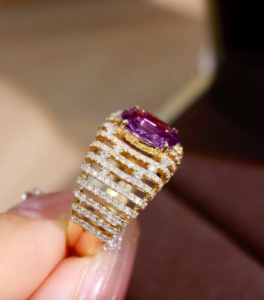 1.55Ct Natural Purple Sapphire Band Ring with Diamond 18k Yellow Gold