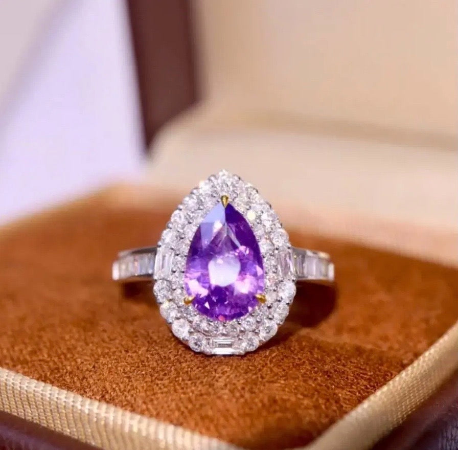 2.56Ct Pear Cut Purple Sapphire Diamond Engagement Ring 18K White Gold