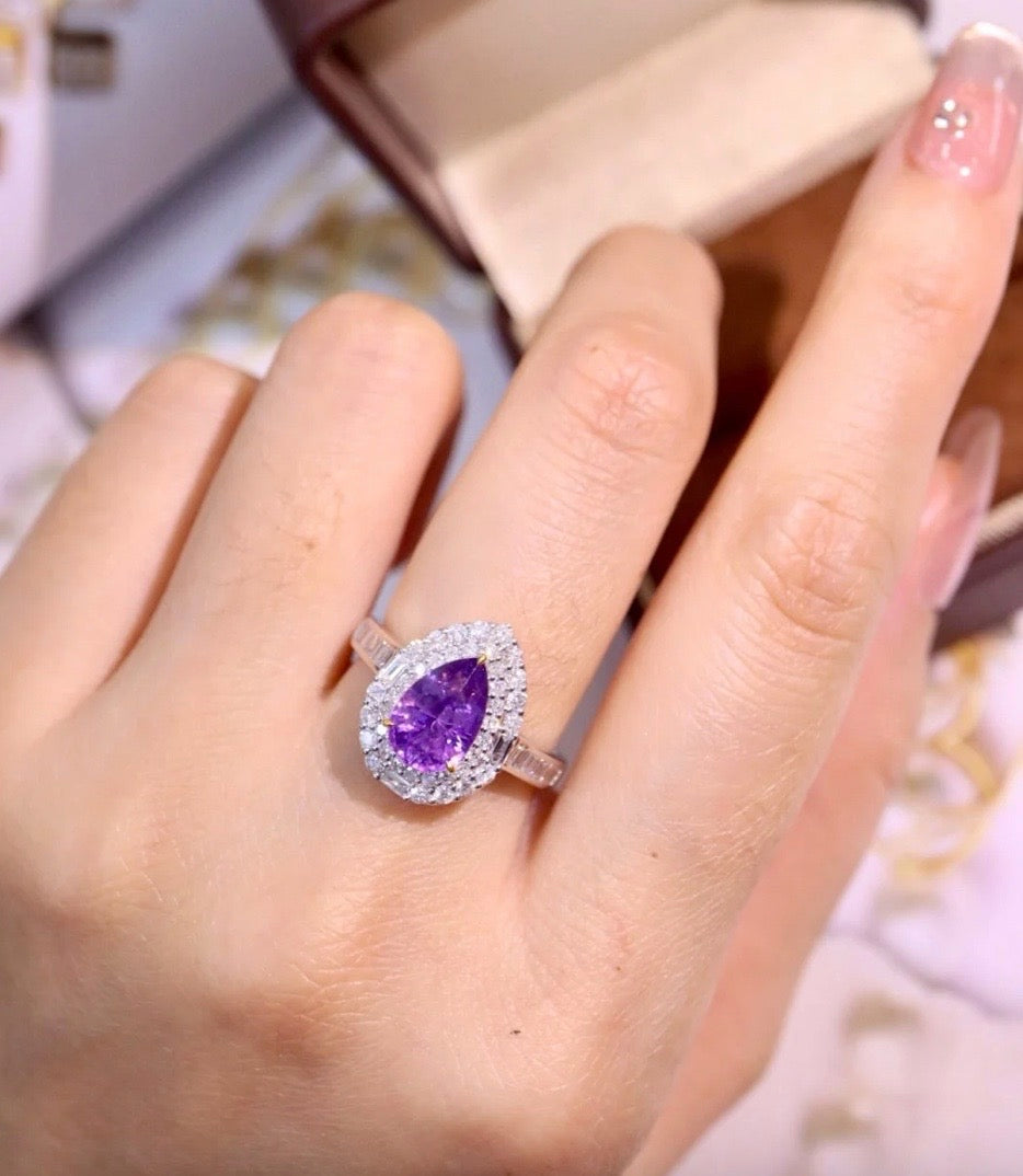 2.56Ct Pear Cut Purple Sapphire Diamond Engagement Ring 18K White Gold