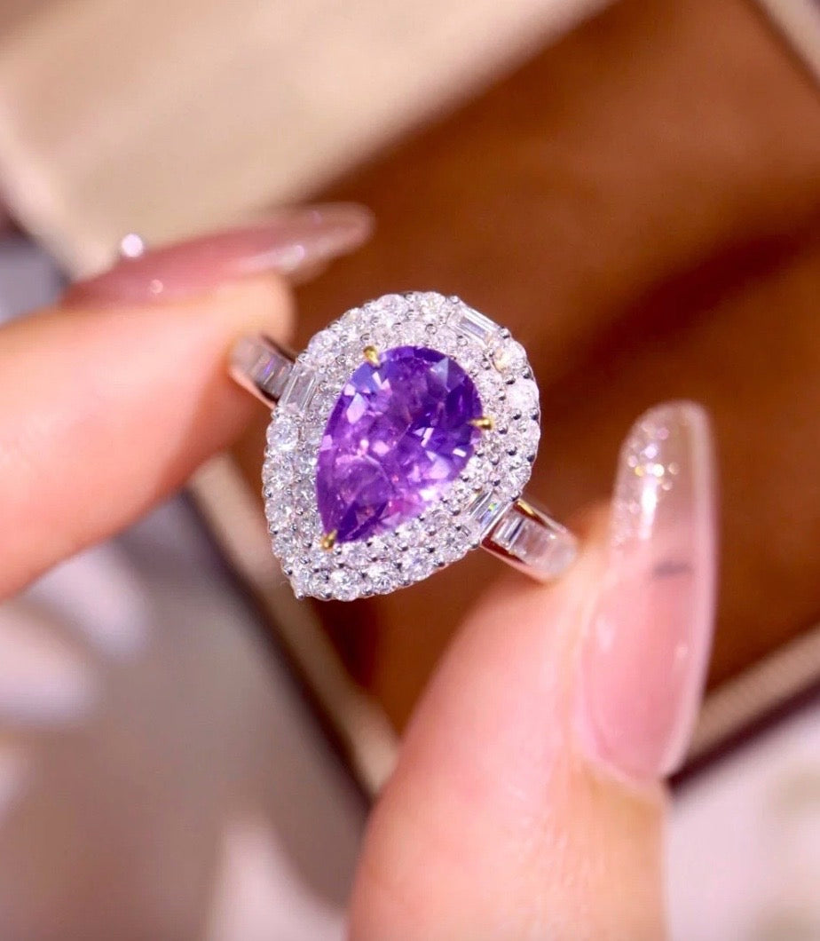 2.56Ct Pear Cut Purple Sapphire Diamond Engagement Ring 18K White Gold