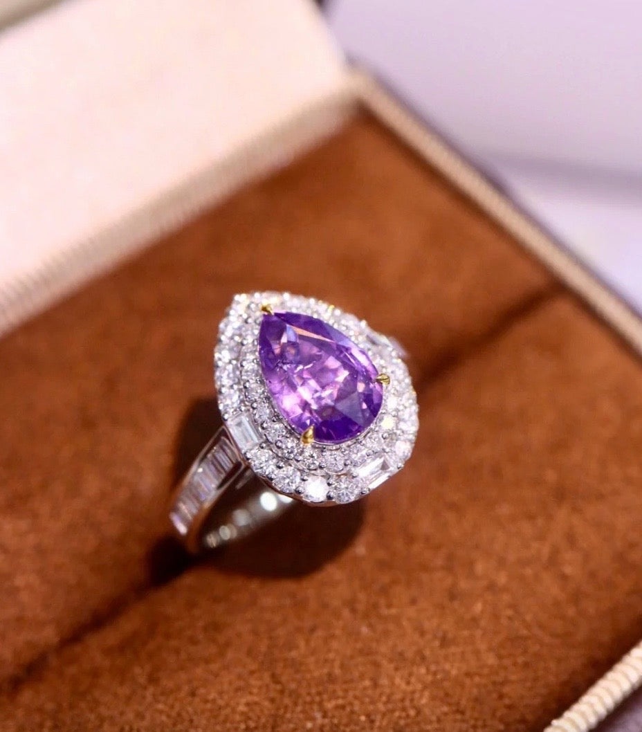 2.56Ct Pear Cut Purple Sapphire Diamond Engagement Ring 18K White Gold