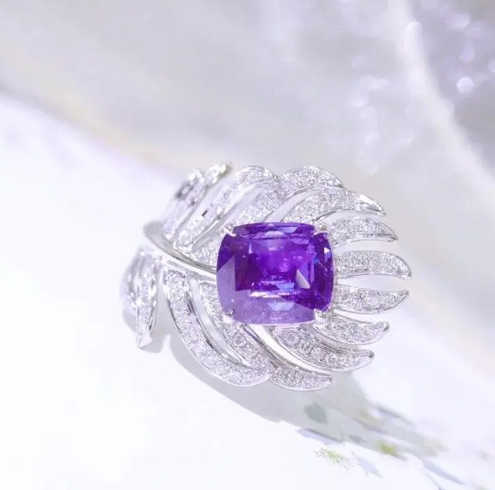 2.56Ct Purple Sapphire & Diamond Feather Ring 18K White Gold, Feather Ring, 18k White Gold Feather Ring, Diamond Feather Ring, Cushion Cut Sapphire, Sapphire Engagement Ring, Purple Sapphire Diamond Ring, Natural Sapphire & Diamond Ring, Pink Sapphire and Diamond Ring, 18k White Gold Sapphire Ring, Women’s Sapphire Diamond Ring’s, Natural Purple Sapphire Ring, Purple Sapphire Jewelry, Purple Sapphire Ring’s For Women, Solid Gold Sapphire Ring, 18k Gold Purple Sapphire Ring, Sapphire Wedding Ring 18k Gold