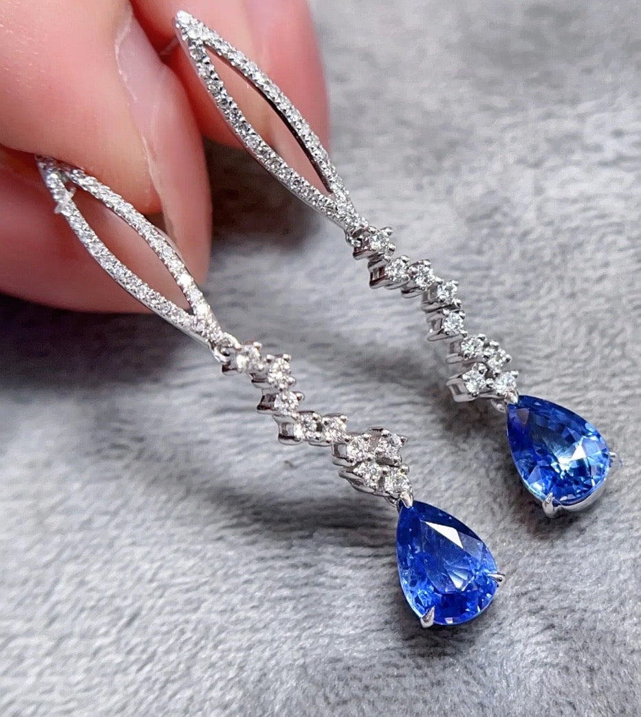 1.6ct Blue Sapphire Pear Cut Dangle Earrings 18K White Gold