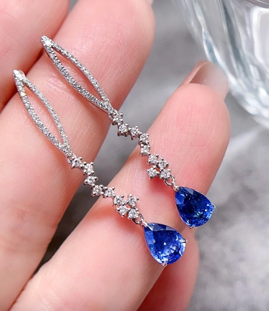 1.6ct Blue Sapphire Pear Cut Dangle Earrings 18K White Gold