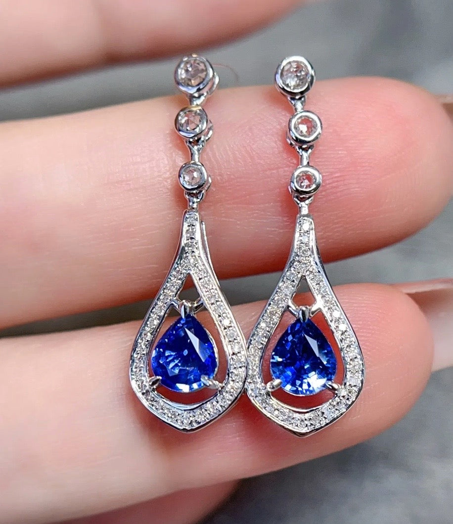 1.2Ct Bright Blue Sapphire Drop Dangle Diamond Earrings Au750 White Gold, Sapphire Drop Dangle Earrings, Natural Sapphire Earrings, Sapphire Diamond Earrings, Diamond Sapphire Earrings, Natural Sapphire, natural Sapphire Earrings, 18k White Gold, 18k Gold Sapphire Earrings, Genuine Sapphire Blue Sapphire, White Gold Sapphire, natural Sapphire Earrings, Diamond Sapphire Earrings, Diamond and Sapphire Earrings, Diamond & Sapphire Earrings, Au750