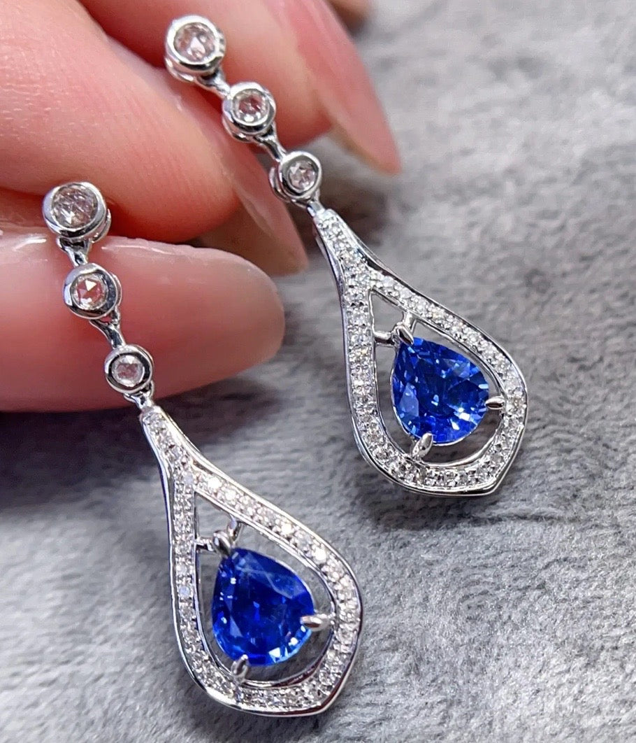 1.2Ct Bright Blue Sapphire Drop Dangle Diamond Earrings Au750 White Gold, Sapphire Drop Dangle Earrings, Natural Sapphire Earrings, Sapphire Diamond Earrings, Diamond Sapphire Earrings, Natural Sapphire, natural Sapphire Earrings, 18k White Gold, 18k Gold Sapphire Earrings, Genuine Sapphire Blue Sapphire, White Gold Sapphire, natural Sapphire Earrings, Diamond Sapphire Earrings, Diamond and Sapphire Earrings, Diamond & Sapphire Earrings, Au750