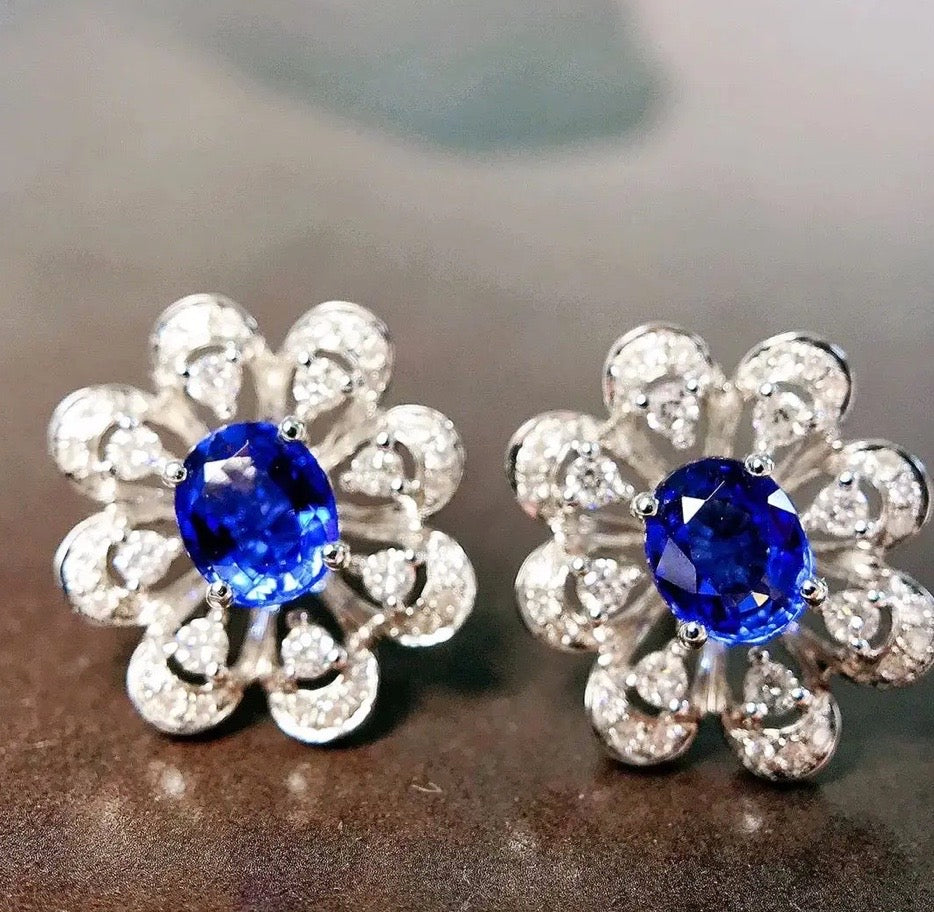 Bright Blue Sapphire & Diamond Flower Cluster Stud Earrings 18K Gold, Flower Stud Earrings, Sapphire Earrings, Bright Blue Sapphire, Sapphire Stud Earrings, White Gold Sapphire Earrings, 18k White Gold, White Gold Sapphire Earrings, Solid Gold Sapphire Earrings, Stud Earrings, Blue Gemstone, Blue Sapphire, Natural Sapphire, Natural Sapphire Earrings, Natural Sapphire Stud Earrings, White Gold Sapphire Stud Earrings, 1 CT Sapphire Earrings, Sapphire Diamond Earrings, Sapphire & Diamond, Sapphire and Diamond