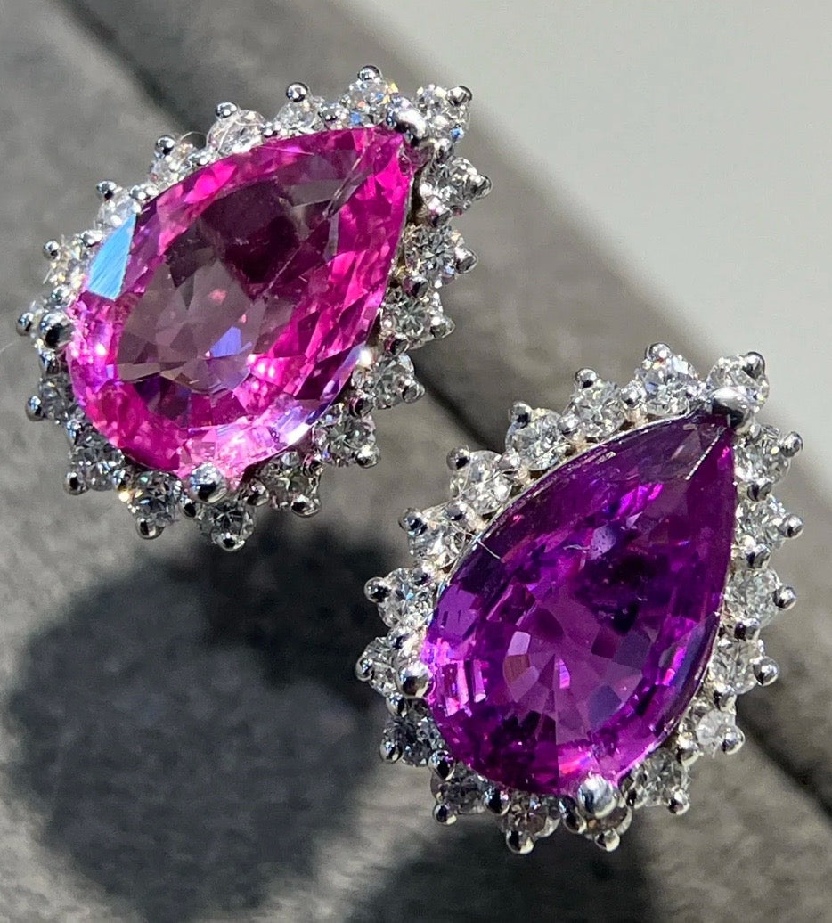 2.19Ct Pear Cut Pink & Purple Sapphire Stud Earrings 18K White Gold, Pink & Purple Sapphire & Diamond Stud Earrings 18K White Gold, Pink Sapphire, Purple Sapphire, Pink Sapphire Stud Earrings, Pink Sapphire Earrings, Purple Sapphire Stud Earrings, Purple Sapphire Stud Earrings, Diamond Earrings, Diamond Stud Earrings, Sapphire Stud Earrings, Sapphire Earrings, Natural Sapphire Earrings, Sapphire & Diamond, Sapphire and Diamond, 18k White Gold, 18k Yellow Gold, 18k Gold Sapphire Earrings, 18k Gold Sapphire