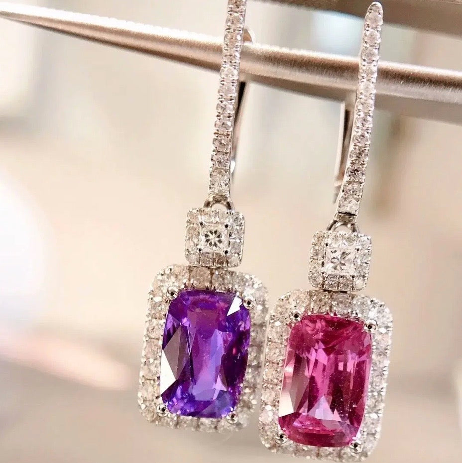 3.26Ct Pink & Purple Sapphire & Diamond Dangle Earrings 18K White Gold, Pink & Purple Sapphire & Diamond Stud Earrings 18K White Gold, Pink Sapphire, Purple Sapphire, Pink Sapphire Earrings, Pink Sapphire Earrings, Purple Sapphire Earrings, Purple Sapphire Earrings, Diamond Earrings, Diamond Earrings, Sapphire Dangle Earrings, Sapphire Earrings, Natural Sapphire Earrings, Sapphire & Diamond, Sapphire and Diamond, 18k White Gold, 18k Yellow Gold, 18k Gold Sapphire Earrings, 18k Gold Sapphire