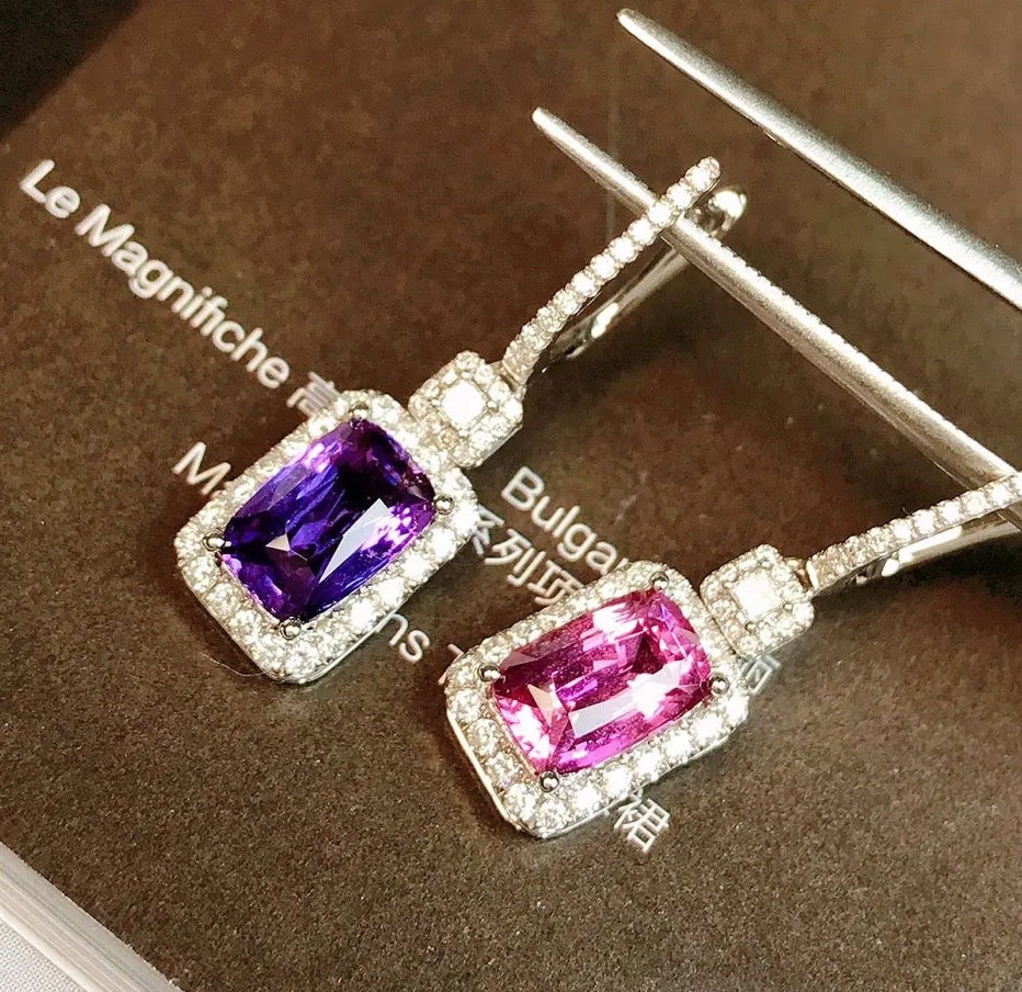 3.26Ct Pink & Purple Sapphire & Diamond Dangle Earrings 18K White Gold, Pink & Purple Sapphire & Diamond Stud Earrings 18K White Gold, Pink Sapphire, Purple Sapphire, Pink Sapphire Earrings, Pink Sapphire Earrings, Purple Sapphire Earrings, Purple Sapphire Earrings, Diamond Earrings, Diamond Earrings, Sapphire Dangle Earrings, Sapphire Earrings, Natural Sapphire Earrings, Sapphire & Diamond, Sapphire and Diamond, 18k White Gold, 18k Yellow Gold, 18k Gold Sapphire Earrings, 18k Gold Sapphire