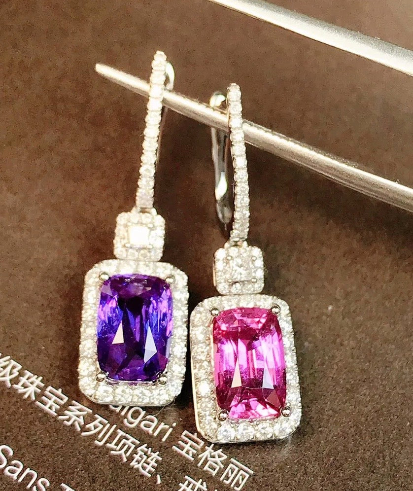 3.26Ct Pink & Purple Sapphire & Diamond Dangle Earrings 18K White Gold, Pink & Purple Sapphire & Diamond Stud Earrings 18K White Gold, Pink Sapphire, Purple Sapphire, Pink Sapphire Earrings, Pink Sapphire Earrings, Purple Sapphire Earrings, Purple Sapphire Earrings, Diamond Earrings, Diamond Earrings, Sapphire Dangle Earrings, Sapphire Earrings, Natural Sapphire Earrings, Sapphire & Diamond, Sapphire and Diamond, 18k White Gold, 18k Yellow Gold, 18k Gold Sapphire Earrings, 18k Gold Sapphire