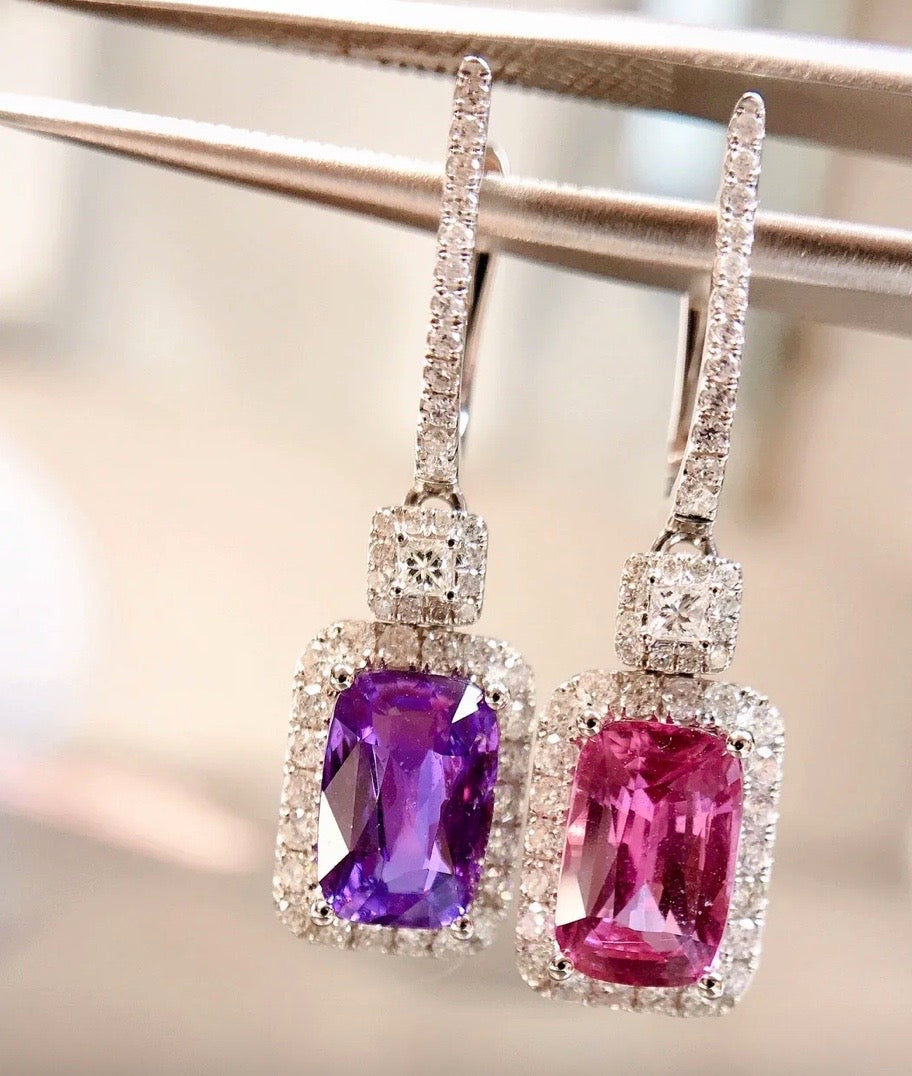 3.26Ct Pink & Purple Sapphire & Diamond Dangle Earrings 18K White Gold, Pink & Purple Sapphire & Diamond Stud Earrings 18K White Gold, Pink Sapphire, Purple Sapphire, Pink Sapphire Earrings, Pink Sapphire Earrings, Purple Sapphire Earrings, Purple Sapphire Earrings, Diamond Earrings, Diamond Earrings, Sapphire Dangle Earrings, Sapphire Earrings, Natural Sapphire Earrings, Sapphire & Diamond, Sapphire and Diamond, 18k White Gold, 18k Yellow Gold, 18k Gold Sapphire Earrings, 18k Gold Sapphire