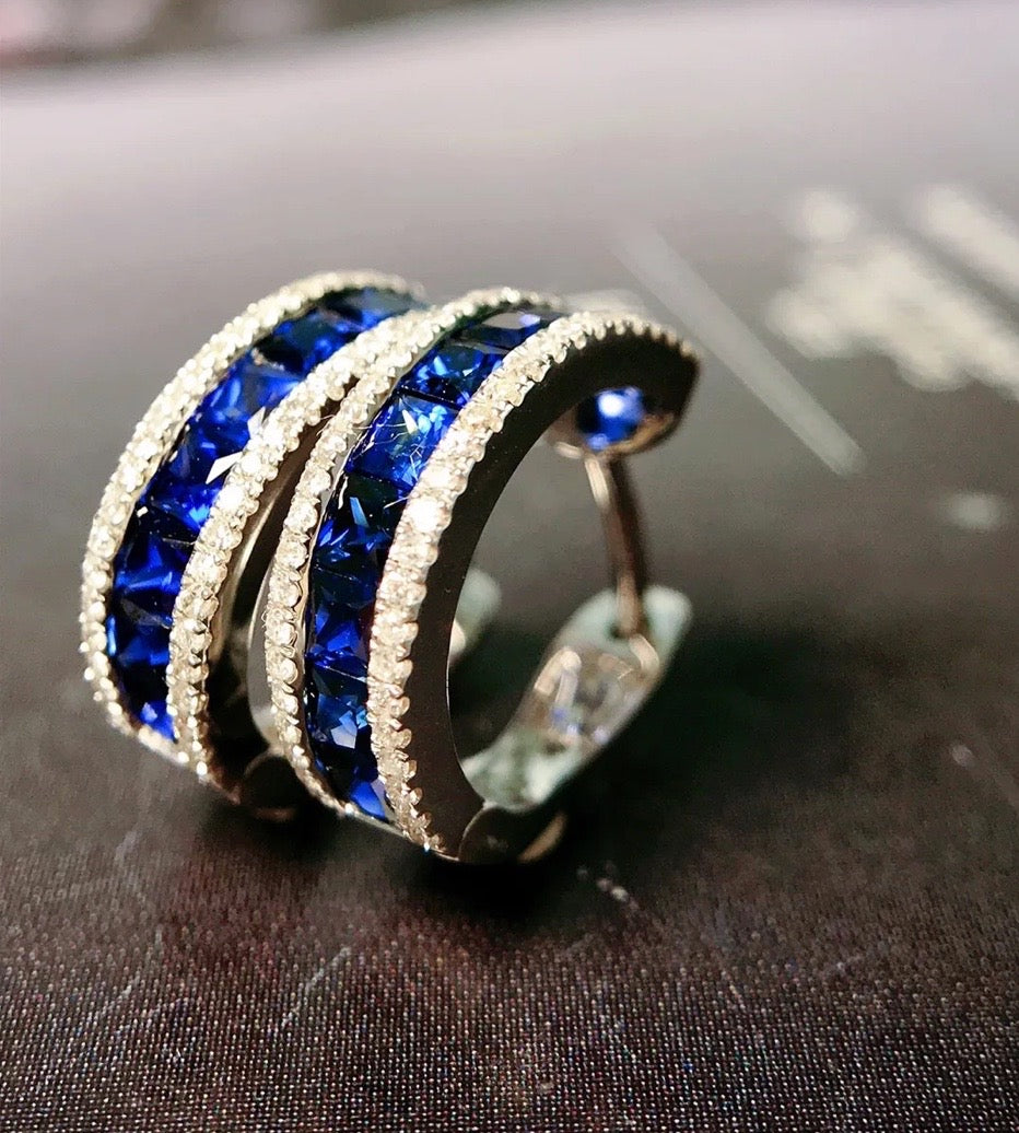 1.48ct Blue Sapphire & Diamond Clip Earrings 18K White Gold