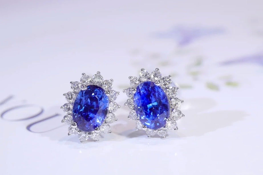 2.20Ct Blue Sapphire & Diamond Stud Earrings 18K White Gold