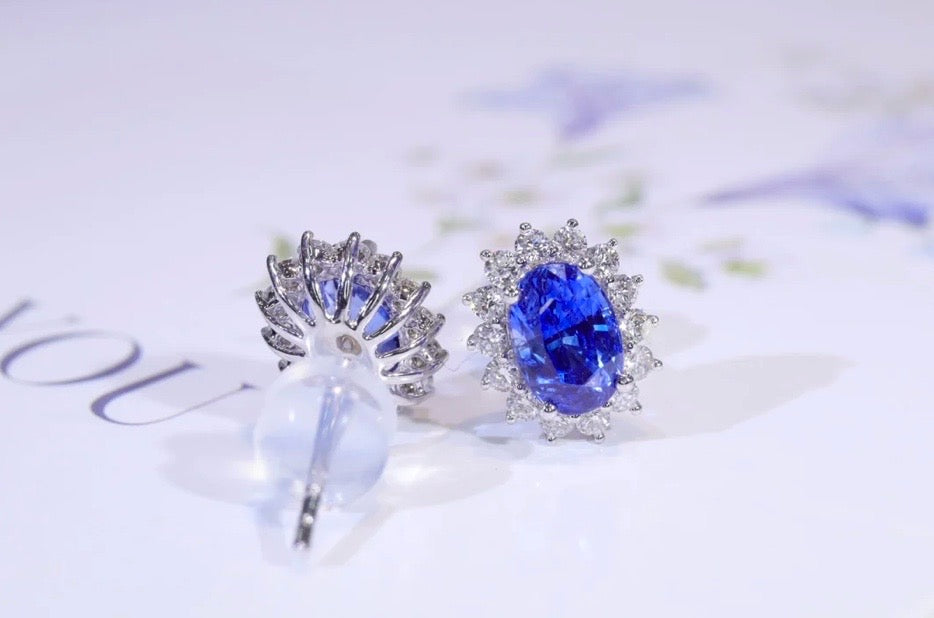 2.20Ct Blue Sapphire & Diamond Stud Earrings 18K White Gold