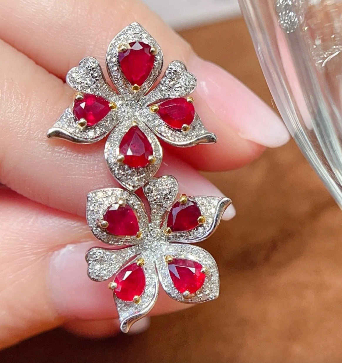 1.75CT Ruby & Diamond Flower Stud Earrings 18k White Gold