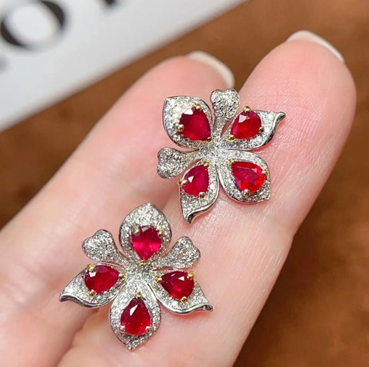 1.75CT Ruby & Diamond Flower Stud Earrings 18k White Gold