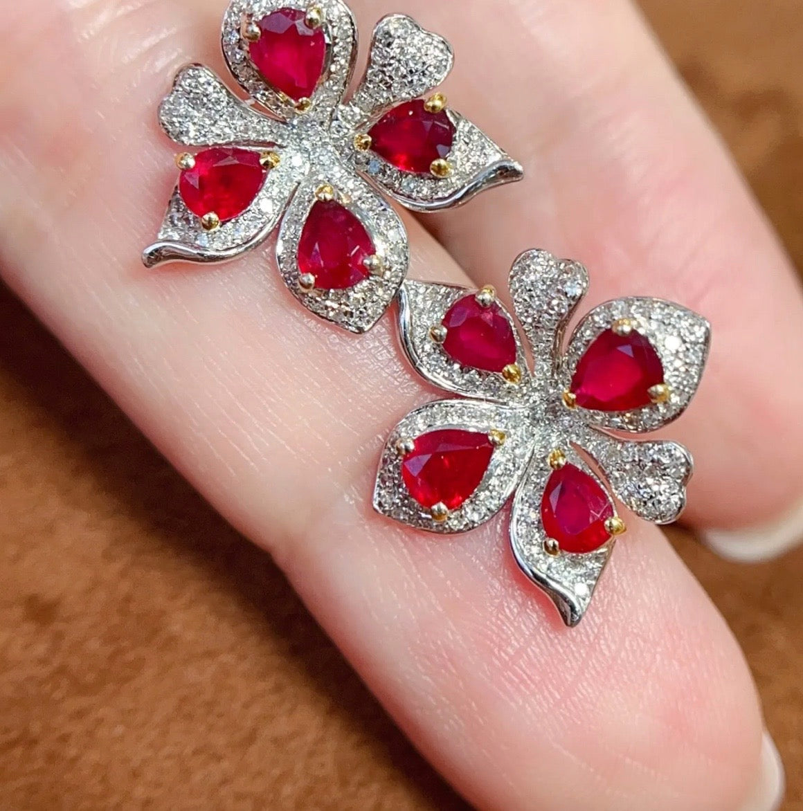 1.75CT Ruby & Diamond Flower Stud Earrings 18k White Gold