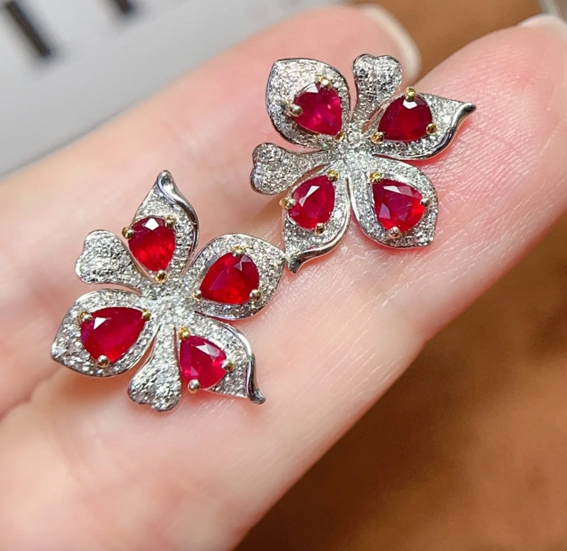 1.75CT Ruby & Diamond Flower Stud Earrings 18k White Gold