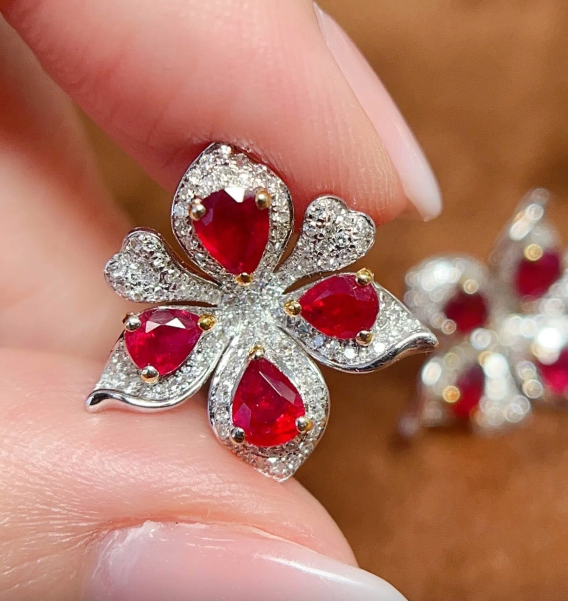 1.75CT Ruby & Diamond Flower Stud Earrings 18k White Gold