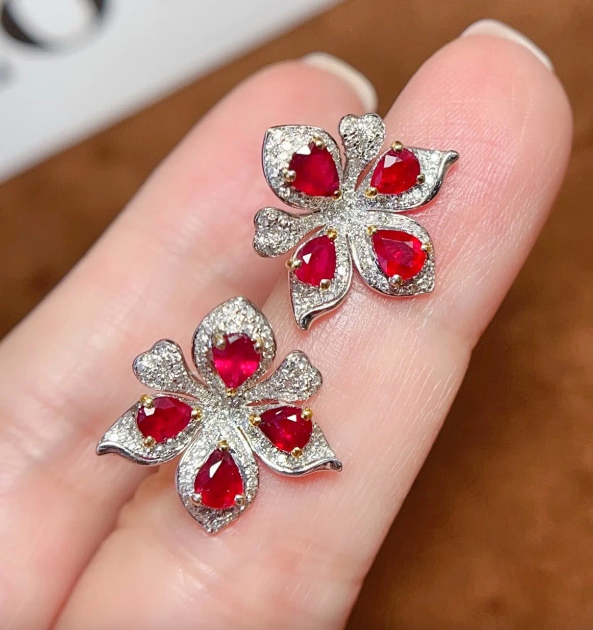 1.75CT Ruby & Diamond Flower Stud Earrings 18k White Gold