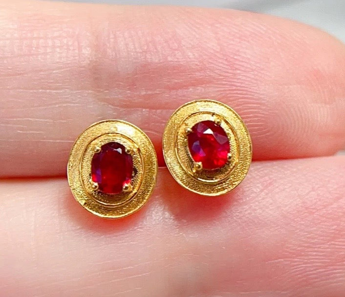 0.4Ct Dainty Ruby Stud Earrings Solid 18k Yellow Gold