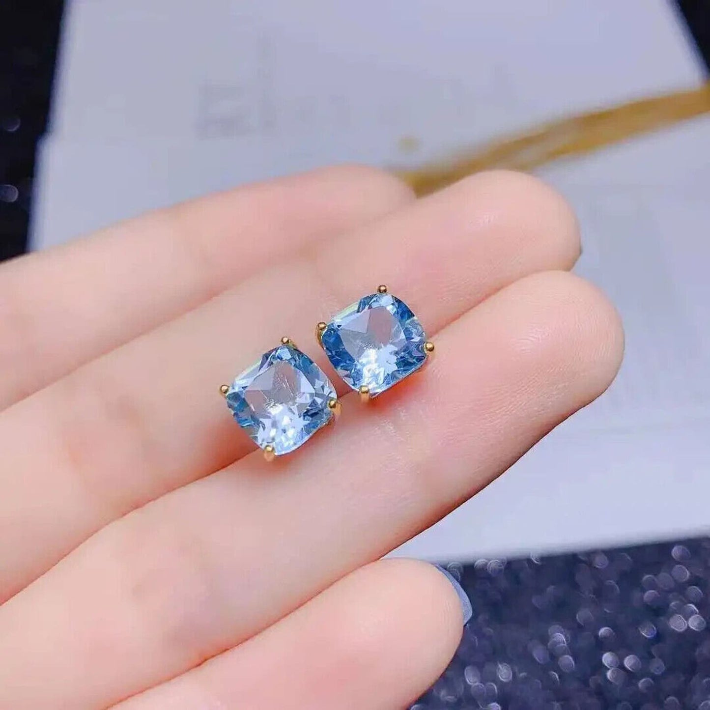 Sky Blue Topaz Cushion Cut Stud Earrings 8mm