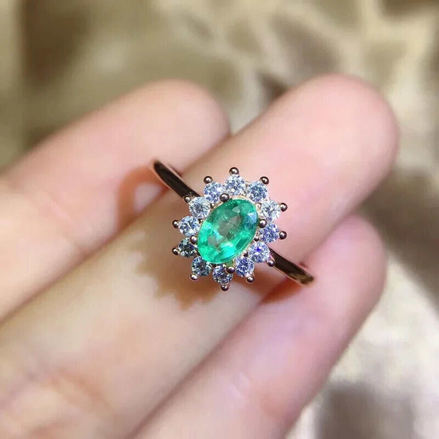 Dainty Emerald Cocktail Ring 4x6mm Sterling Silver