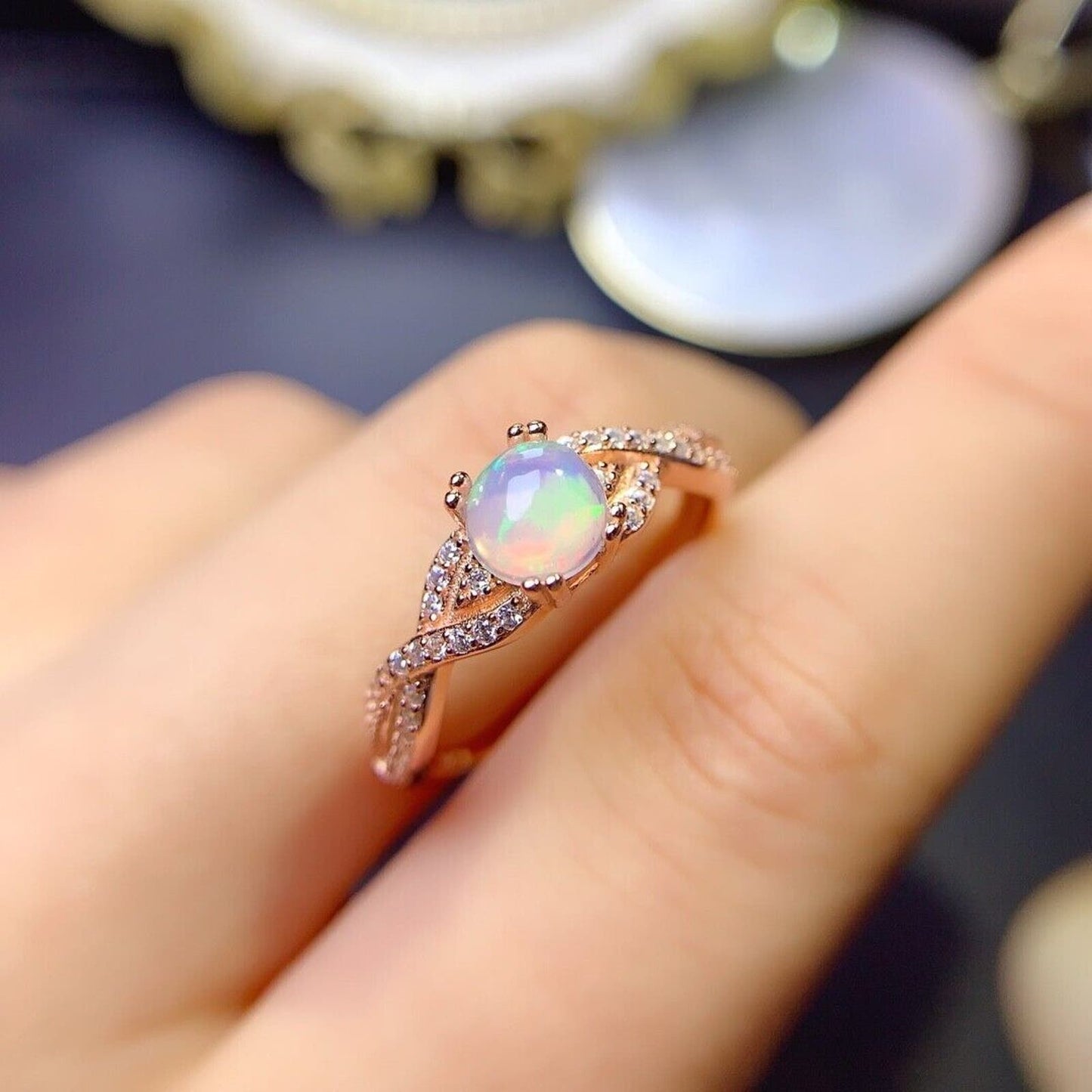 Dainty Opal Gemstone Ring 6mm Sterling Silver