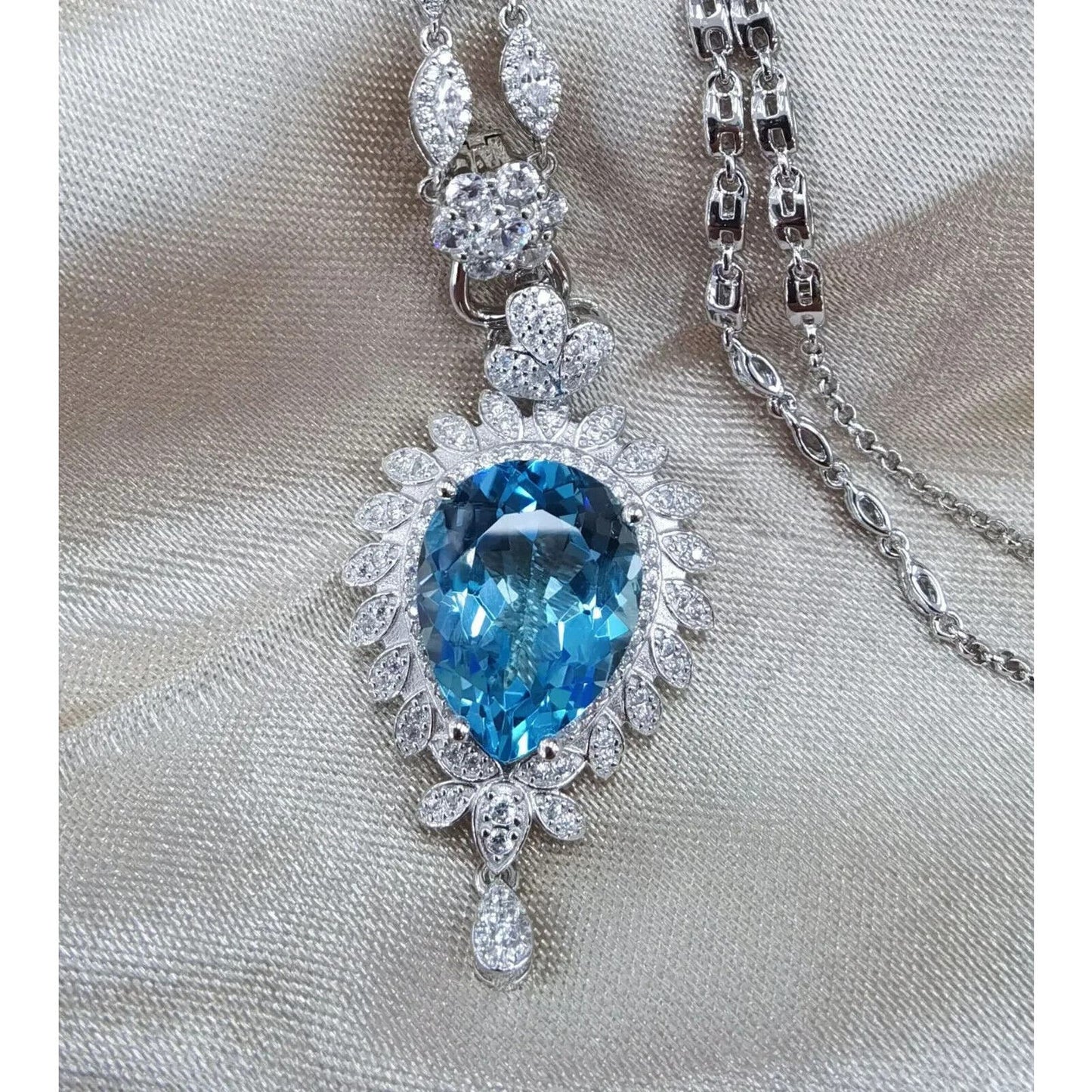 Swiss Blue Topaz Pendant Statement Necklace 12x16mm