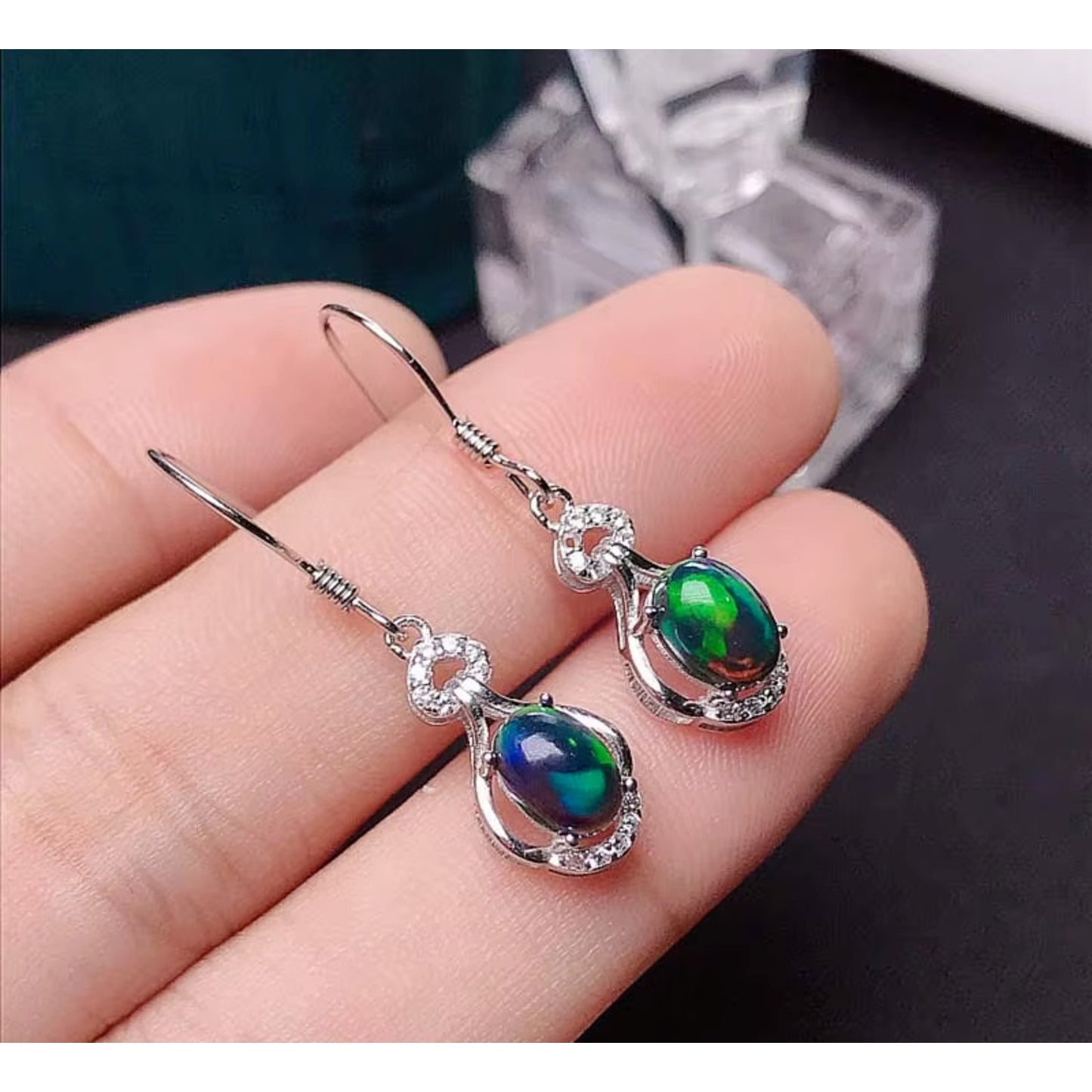 Black Fire Opal Dangle Earrings, Natural Fire Opal Earrings 925 Sterling Silver