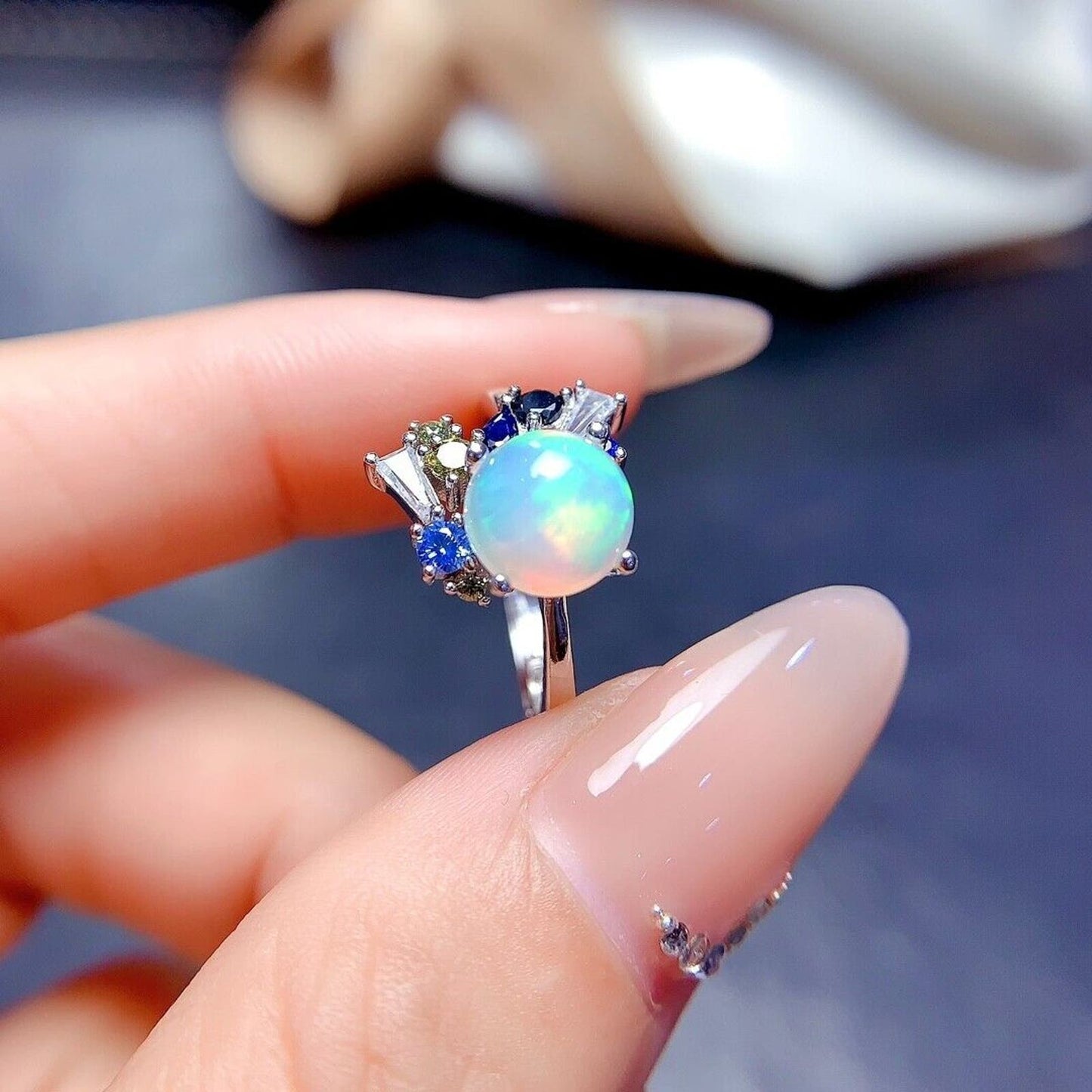 Natural White Opal Cocktail Ring Round 8mm