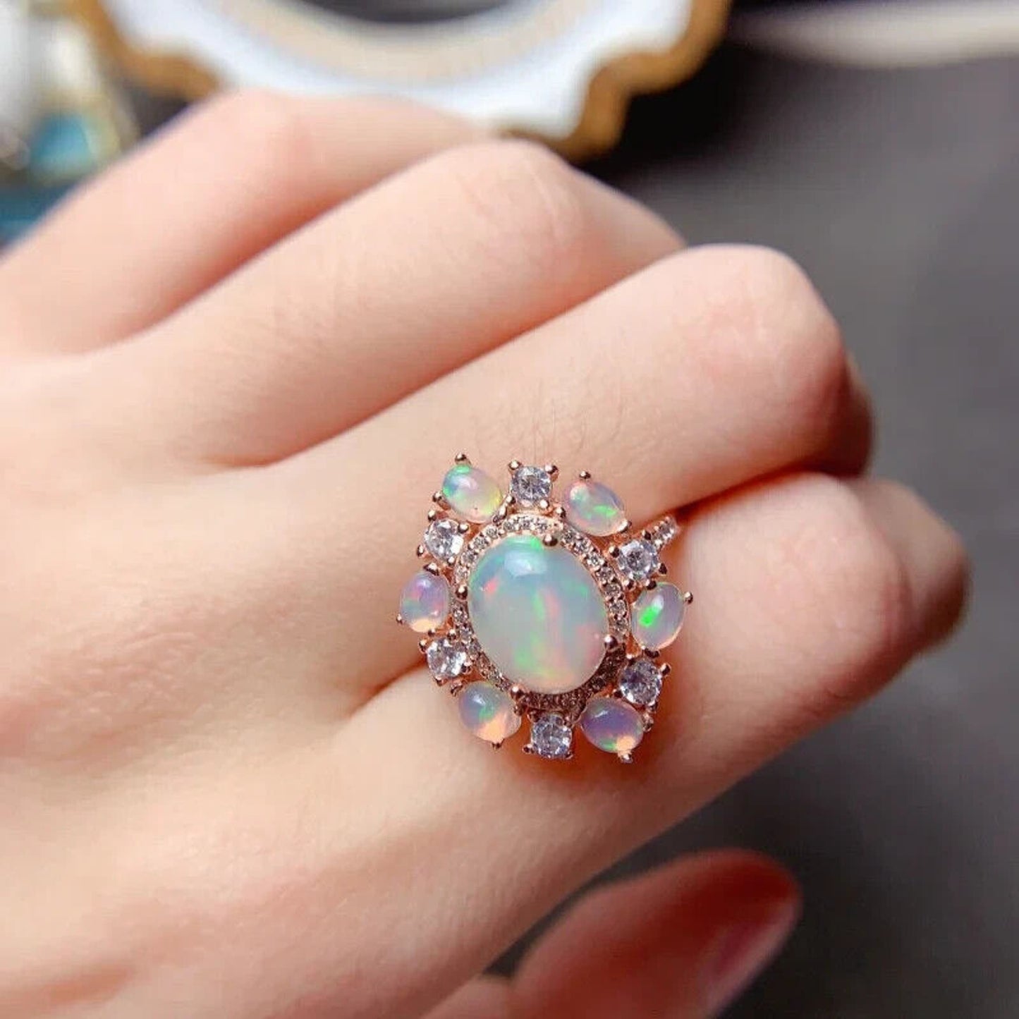 White Fire Opal Cluster Statement Ring Sterling Silver