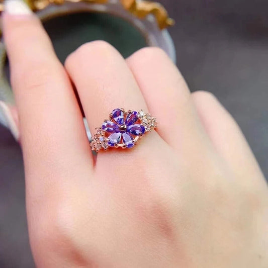 Purple Tanzanite Flower Ring Platinum Plated 3x4mm