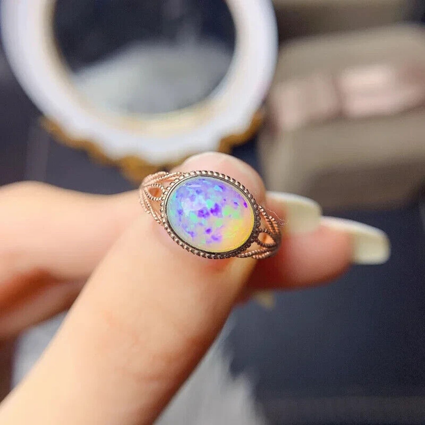 Horizontal Fire Opal Gemstone Ring 8x10mm